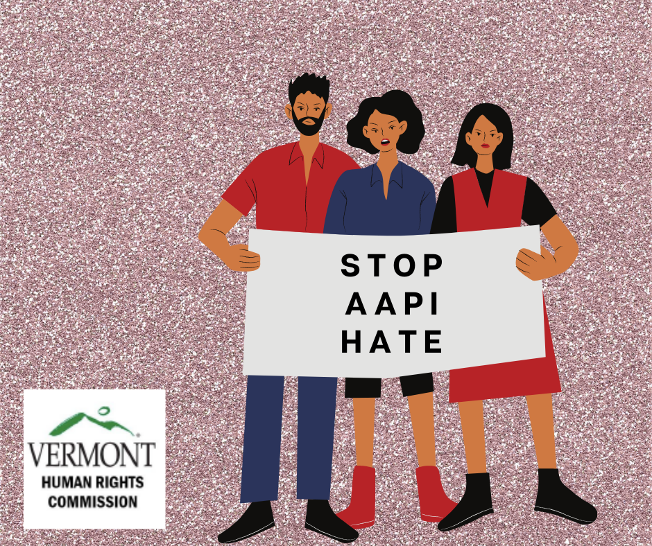 graphic with three people with a sign and the words STOP AAPI HATE