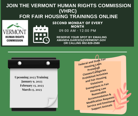Logo of the Vermont Human Rights Commission to an invitation to our Monthly Fair Housing Training