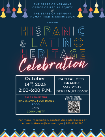Blue background with the worlds Hispanic &Latino Heritage Celebration and the bar code to get tickets